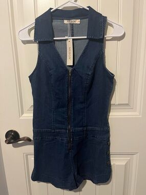 Mebon Woman’s ' Dark Blue Denim Romper One-Piece with Front Zip